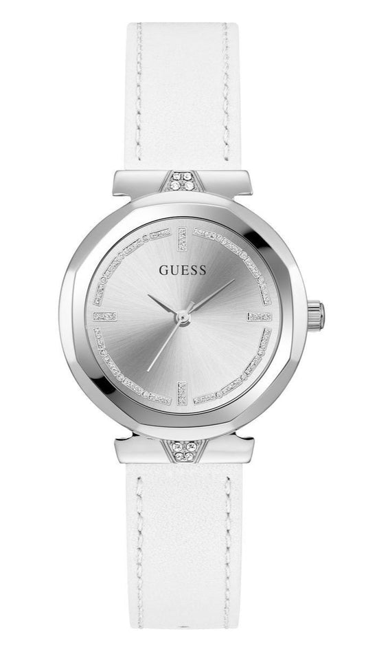 Guess Rumour Silver Dial White Leather Strap Watch For Women - GW0689L1