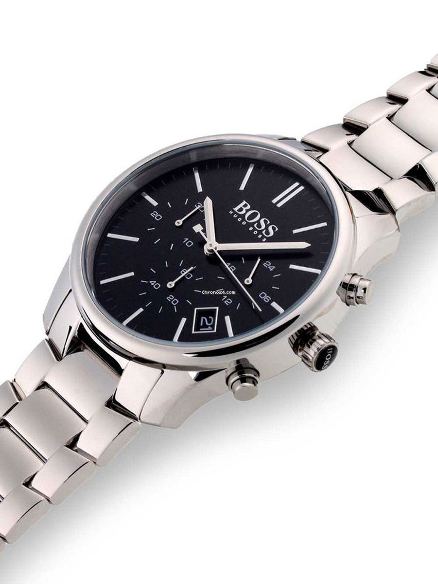 Hugo Boss Commander Black Dial Silver Steel Strap Watch for Men - 1513433