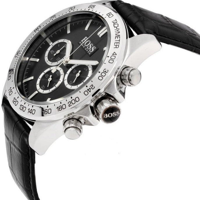 Hugo Boss Ikon Black Dial Black Leather Strap Watch for Men - 1513178