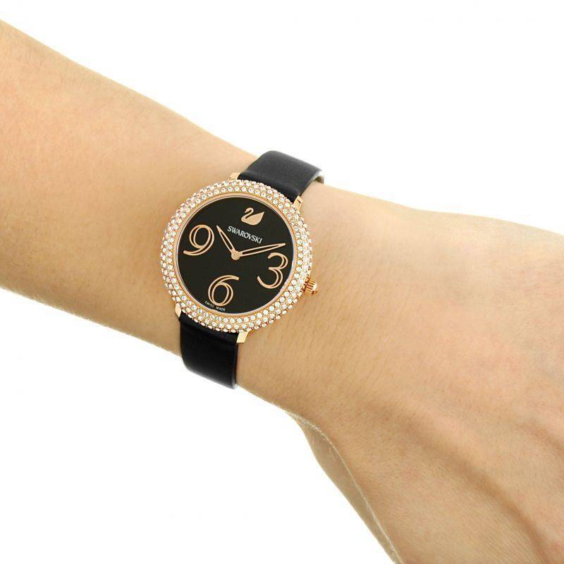 Swarovski Crystal Frost Black Dial Black Leather Strap Watch for Women - 5484058