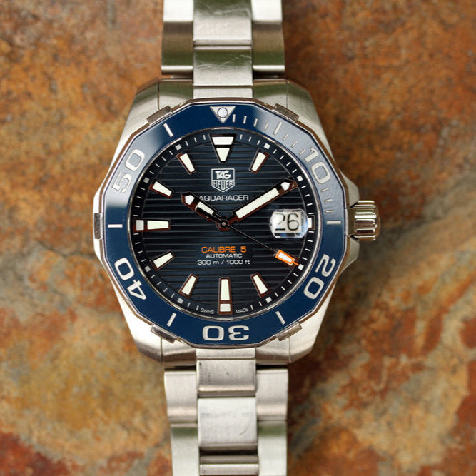 Tag Heuer Aquaracer Calibre 5 Blue Dial Silver Steel Strap Watch for Men - WAY211C.BA0928