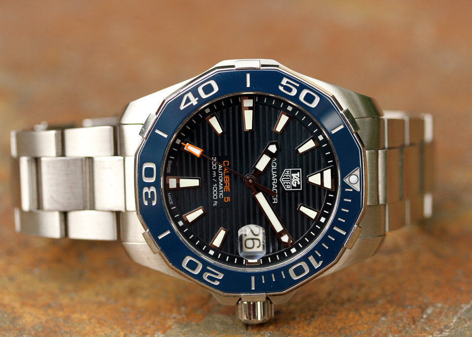 Tag Heuer Aquaracer Calibre 5 Blue Dial Silver Steel Strap Watch for Men - WAY211C.BA0928