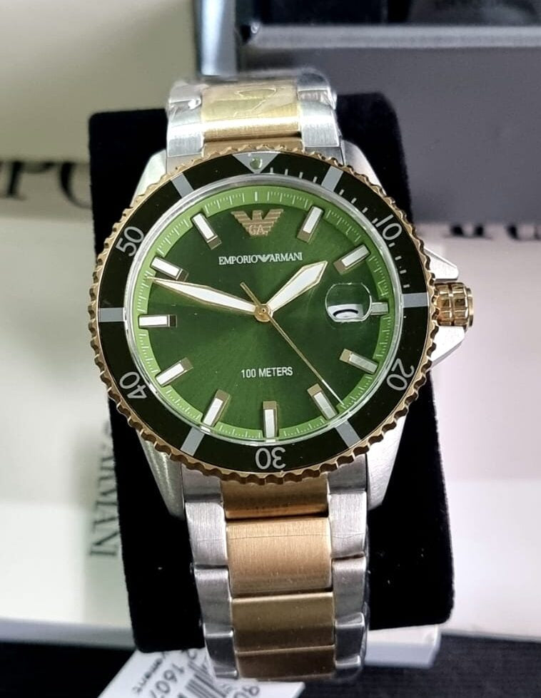 Emporio Armani Diver Chronograph Green Dial Two Tone Steel Strap Watch For Men - AR80063