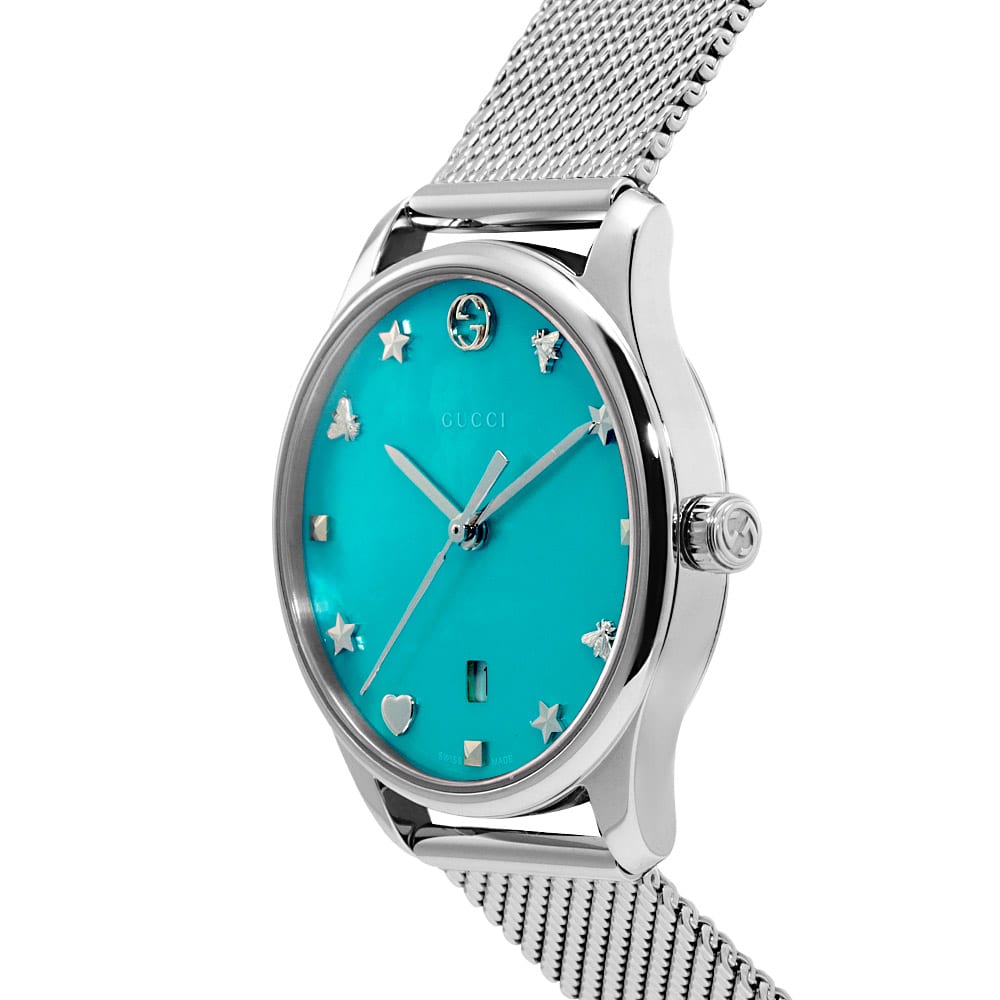 Gucci G-Timeless Turquiose Mother of Pearl Dial Silver Mesh Bracelet Watch For Women - YA1264039