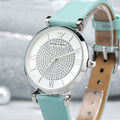 Emporio Armani Gianni T Bar Analog Crystals Silver Dial Blue Leather Strap Watch For Women - AR11443
