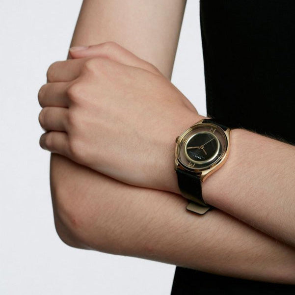 Marc Jacobs Tether Black Dial Black Leather Strap Watch for Women - MBM1376
