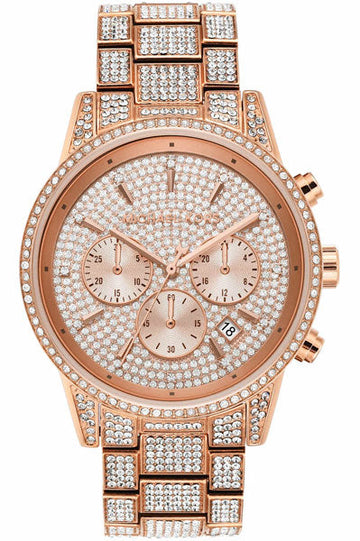 Michael Kors Ritz Three-Hand Glitz Rose Gold Dial Rose Gold Steel Strap Watch for Women - MK6748