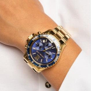 Michael Kors Everest Chronograph Blue Dial Gold Steel Strap Watch For Women - MK6971
