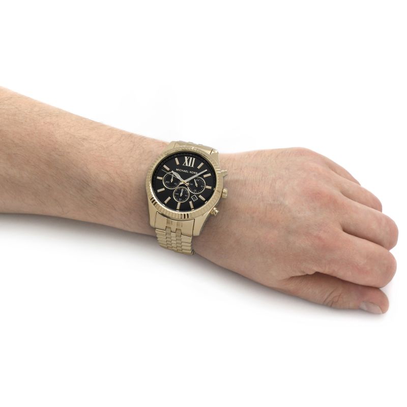 Michael Kors Lexington Chronograph Black Dial Gold Steel Strap Watch for Men - MK8286