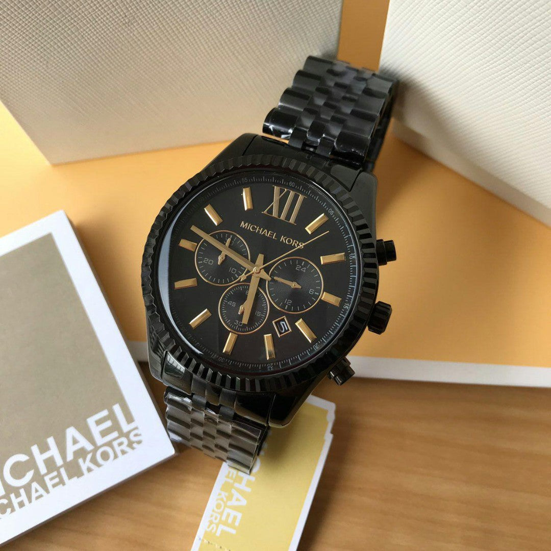 Michael Kors Lexington Chronograph Black Dial Black Steel Strap Watch for Men - MK8603