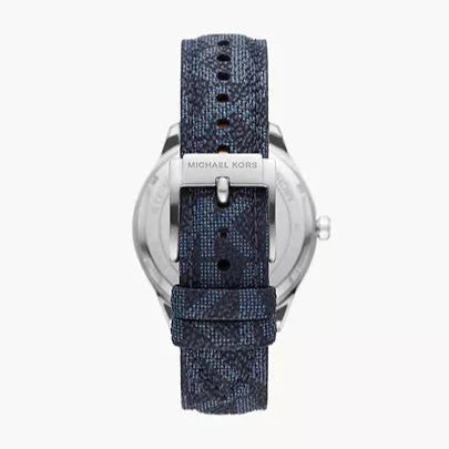 Michael Kors Benning Three Hand Silver Dial Blue Leather Strap Watch For Men - MK8930
