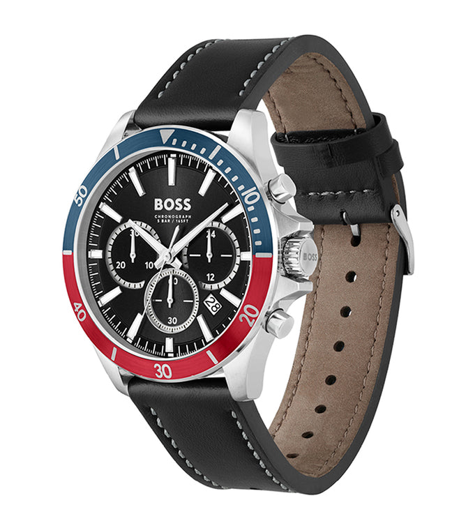 Hugo Boss Troper Chronograph Black Dial Black Leather Strap Watch For Men - 1514099