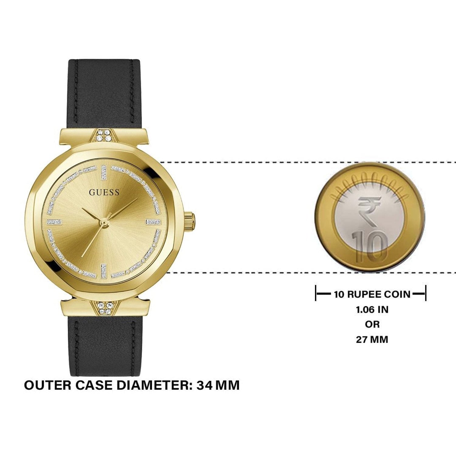 Guess Rumour Quartz Gold Dial Black Leather Strap Watch For Women - GW0689L2