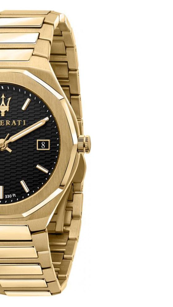 Maserati Stile Black Dial Gold Steel Strap Watch For Men - R8853142004
