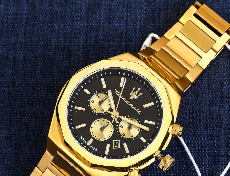 Maserati Stile 45mm Chronograph Black Dial Gold Steel Strap Watch For Men - R8873642001