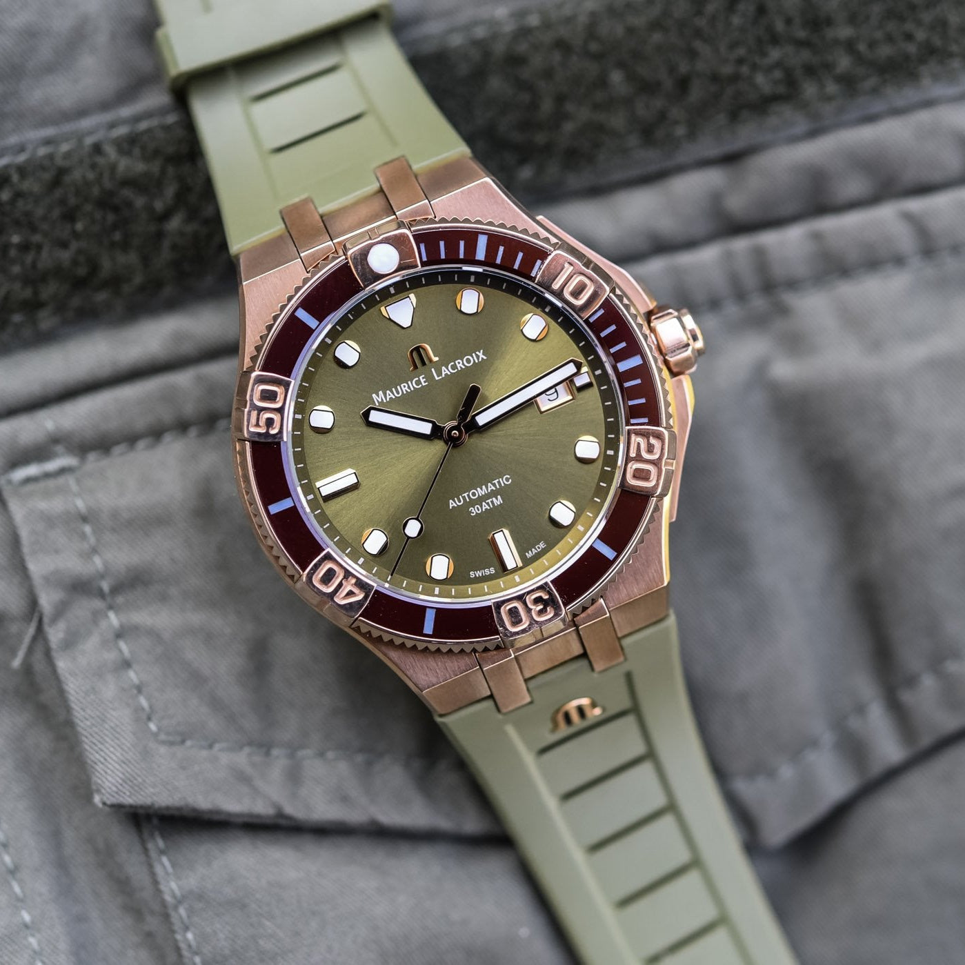 Maurice Lacroix Aikon Venturer Bronze Dial Green Rubber Strap Watch For Men - AI6058-BRZ01-630-1