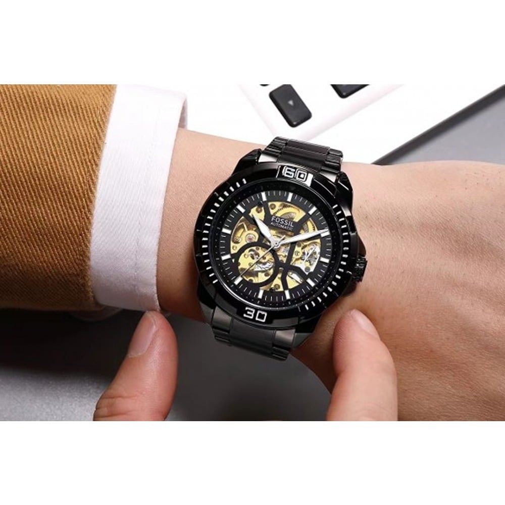 Fossil Bronson Automatic Skeleton Black Dial Black Steel Strap Watch for Men - ME3217