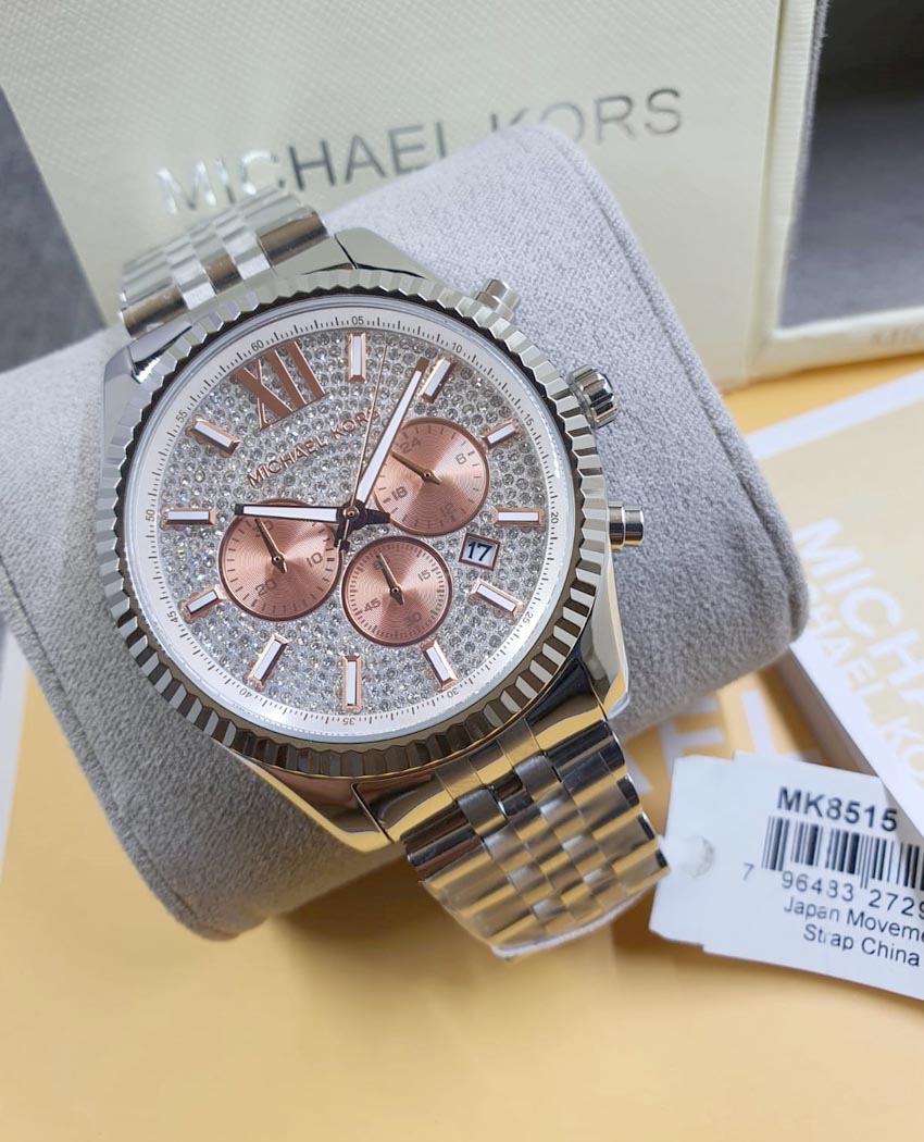 Michael Kors Lexington Chronograph Silver Dial Silver Steel Strap Watch for Men - MK8515
