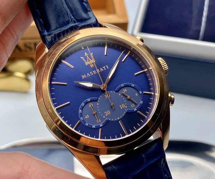 Maserati Traguardo Chronograph Blue Dial Blue Leather Strap Watch for Men - R8871612015