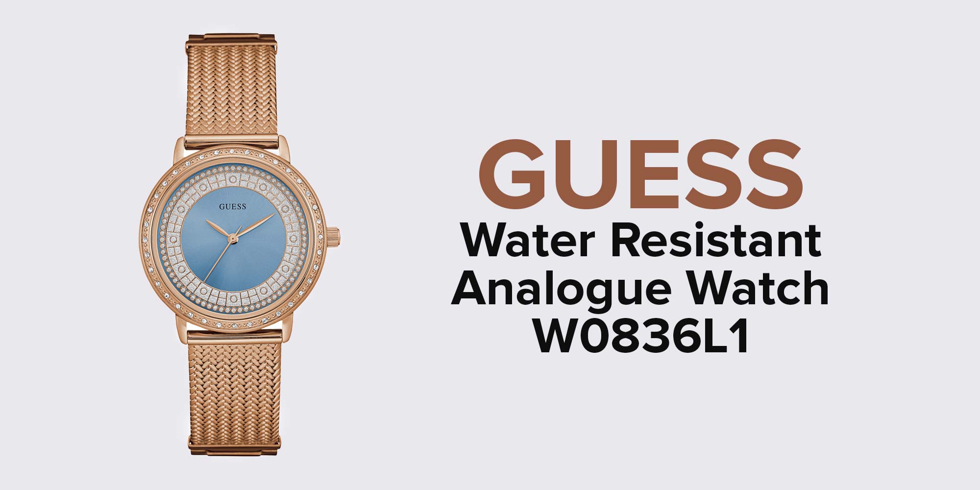 Guess Willow Crystal Blue Dial Rose Gold Mesh Bracelet Watch For Women - W0836L1
