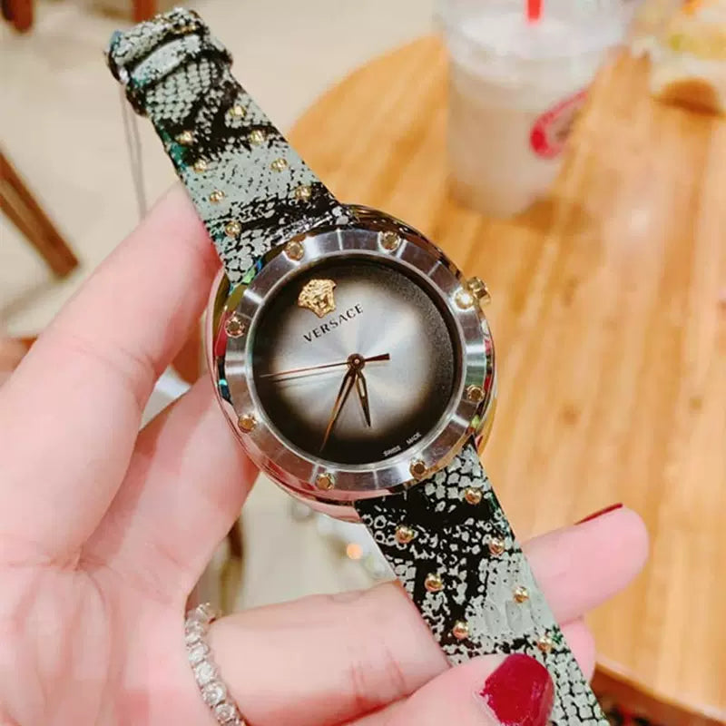 Versace Shadov Quartz Silver Dial Snakeskin Green Leather Strap Watch for Women - VEBM00718