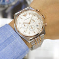 Emporio Armani Zeta Chronograph Quartz White Dial Two Tone Steel Strap Watch For Men - AR1998
