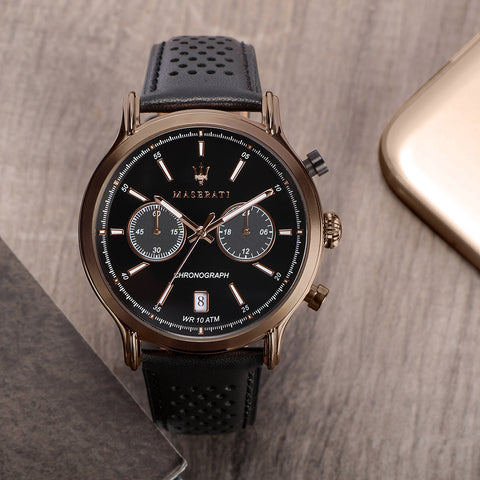 Maserati Legend Chronograph Black Dial Black Leather Strap Watch For Men - R8871638001