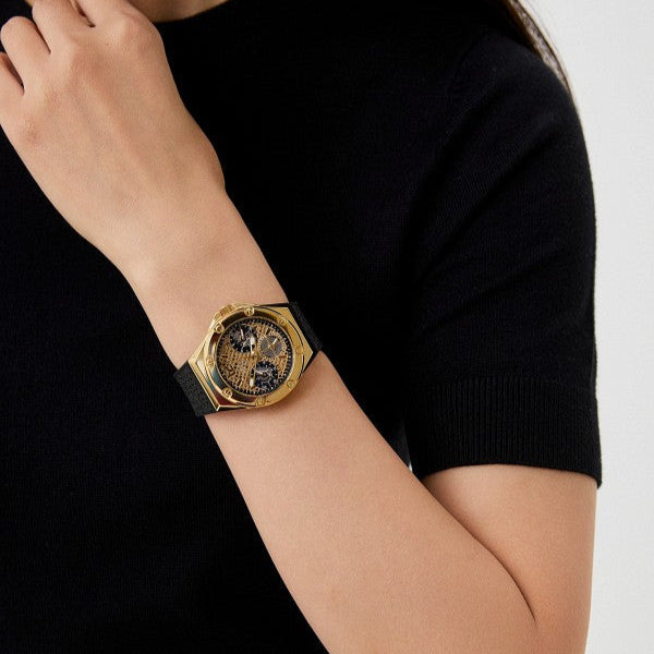 Guess Asteria Multifunction Gold Dial Black Rubber Strap Watch For Women - GW0620L2