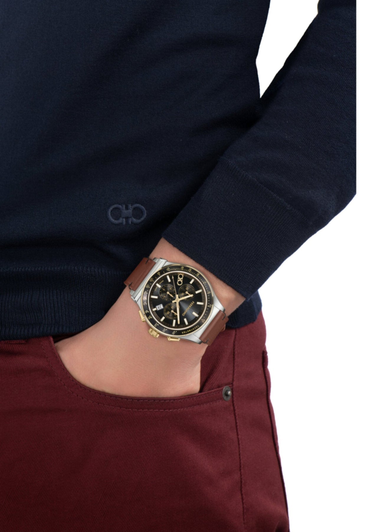 Salvatore Ferragamo 1927 Chrono Analog Black Dial Brown Leather Strap Watch for Men - SFKZ00323