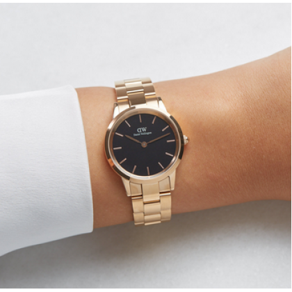 Daniel Wellington Iconic Link Black Dial Rose Gold Steel Strap Watch for Women - DW00100212