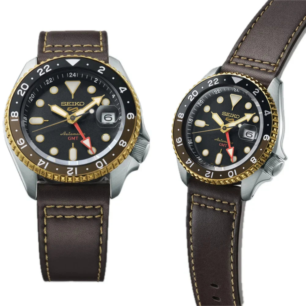 Seiko 5 Sports SKX GMT Automatic Mocha Black Dial Brown Leather Strap Watch For Men - SSK036K1