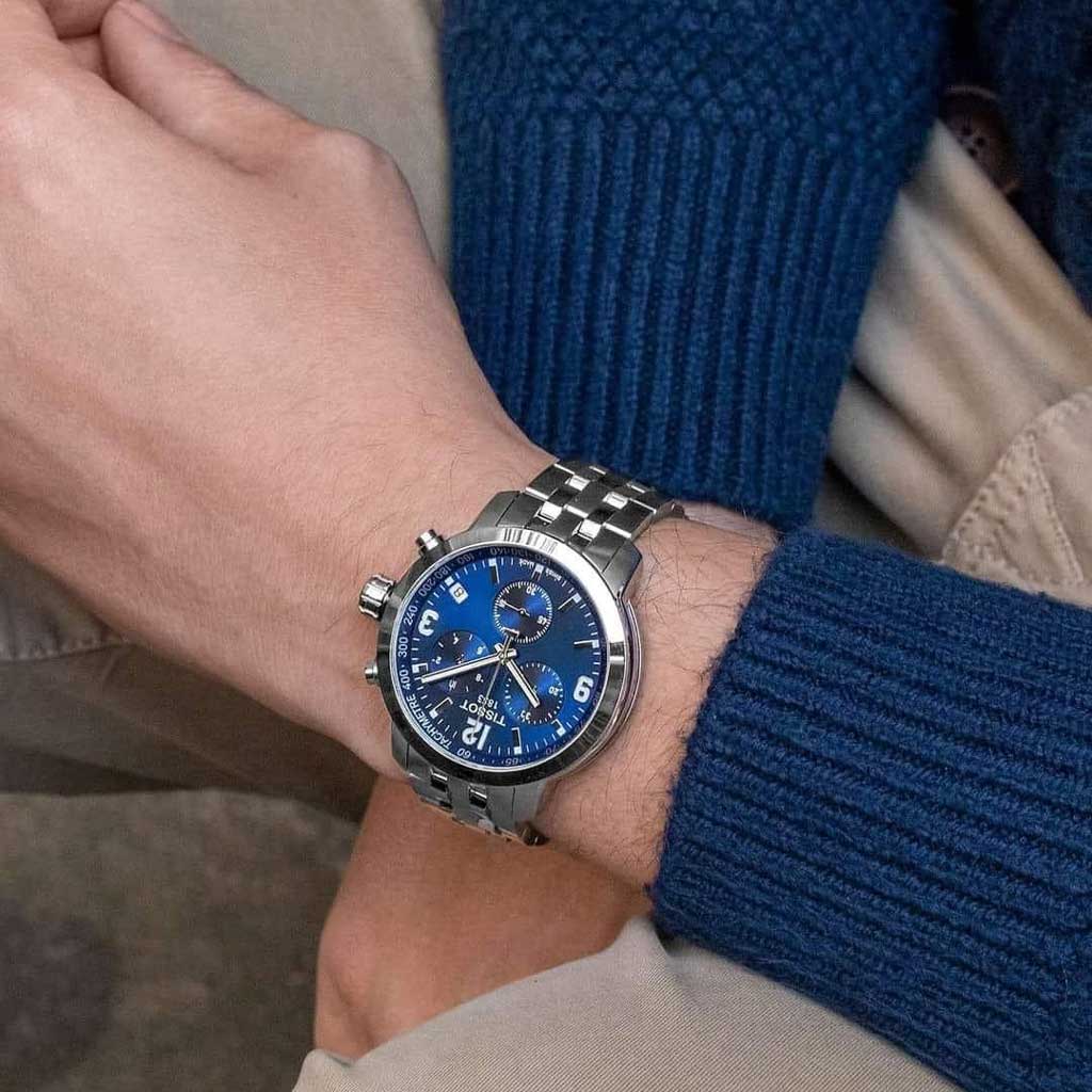 Tissot PRC 200 Chronograph Blue Dial Silver Steel Strap Watch For Men - T055.417.11.047.00