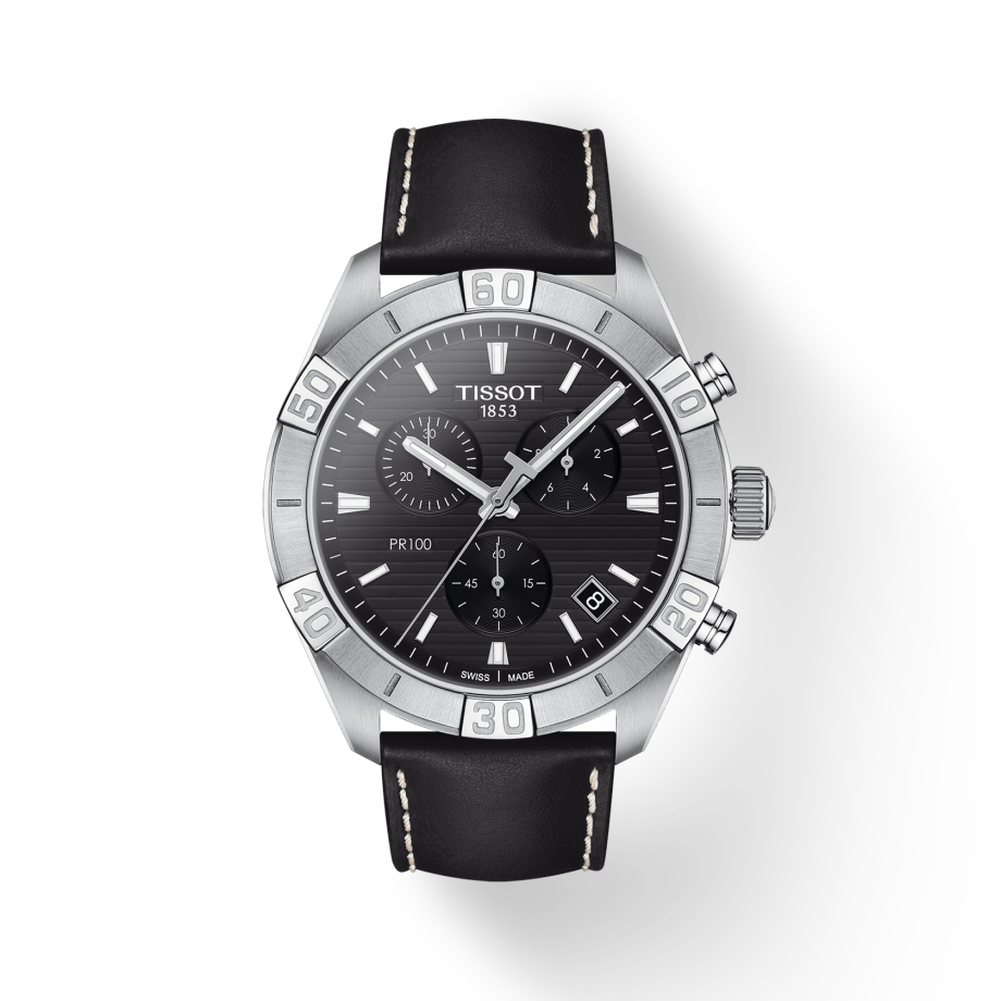 Tissot PR 100 Sport Quartz Chronograph Black Dial Black Leather Strap Watch For Men - T101.617.16.051.00