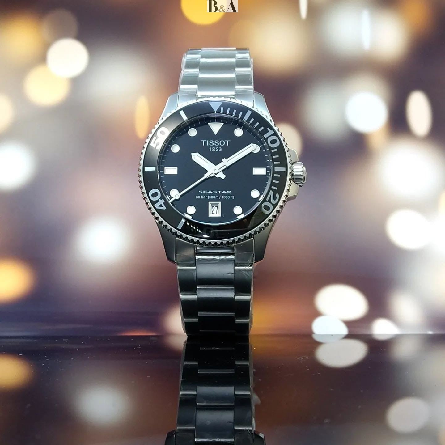 Tissot Seastar 1000 Lady Black Dial Silver Steel Strap Watch for Women - T120.210.11.051.00