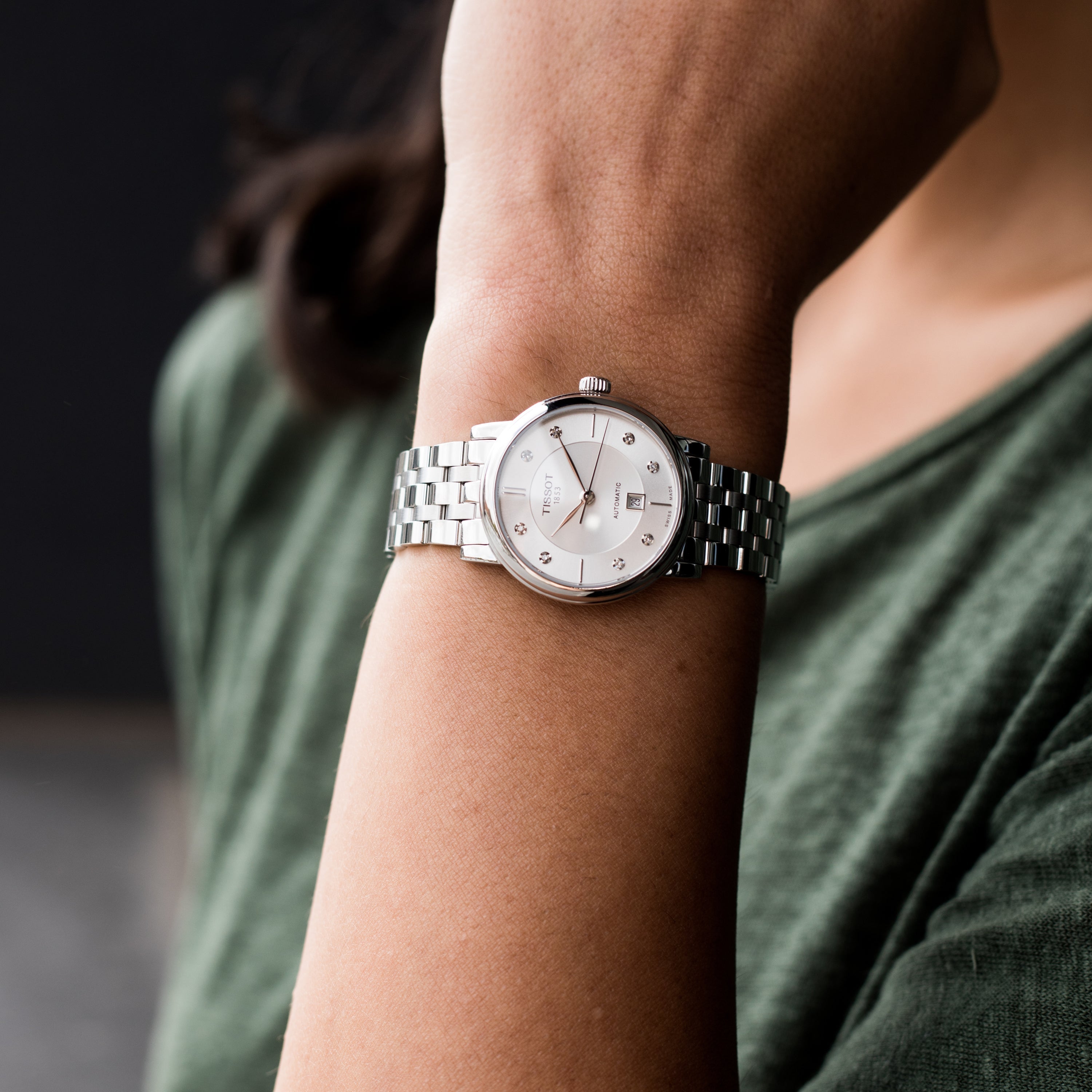 Tissot T Classic Carson Premium White Diamonds Dial Silver Steel Strap Watch for Women - T1222071103600