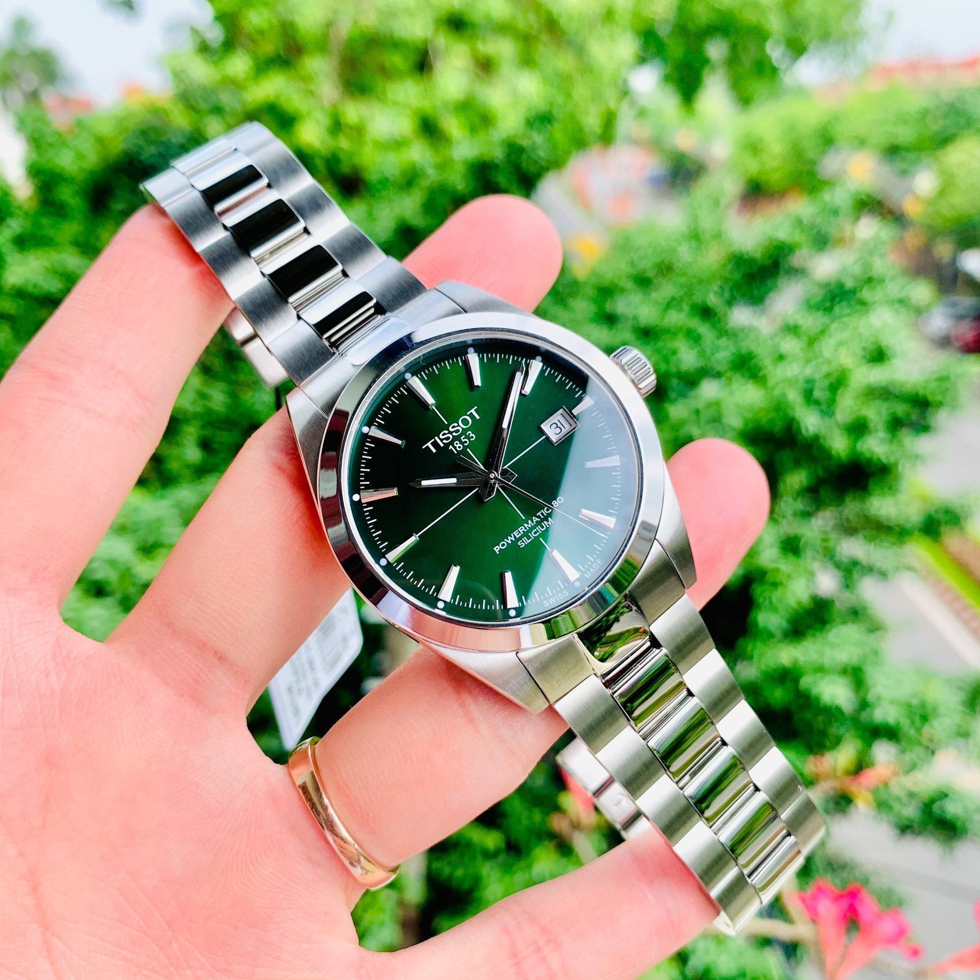 Tissot Gentleman Powermatic 80 Silicium Green Dial Silver Steel Strap Watch For Men - T127.407.11.091.01