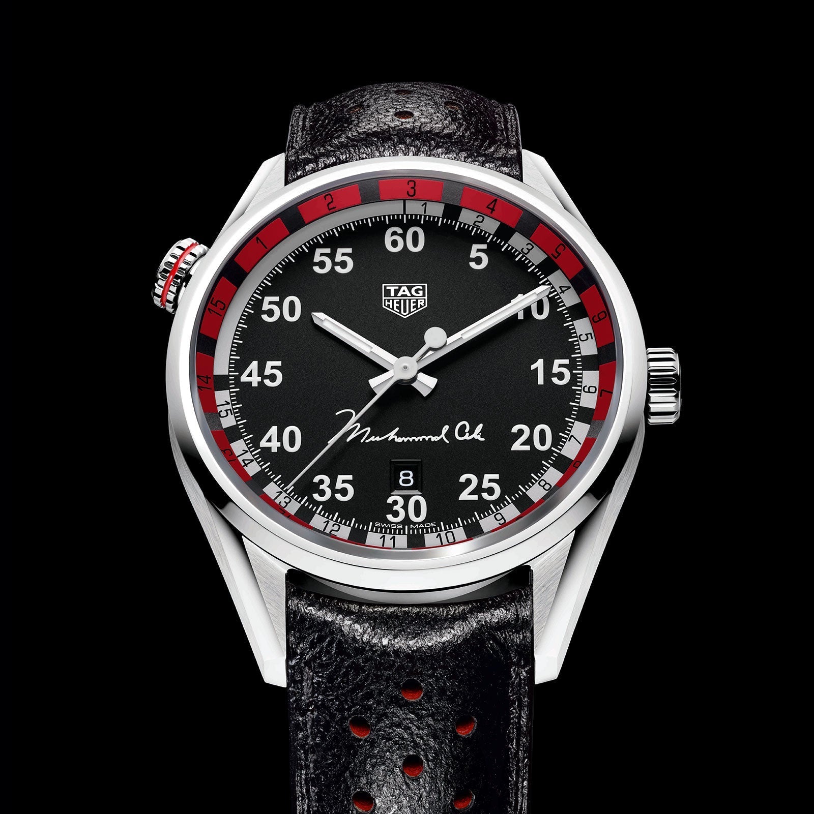 Tag Heuer Carrera Muhammad Ali Calibre 5 Black Dial Black Leather Strap Watch for Men - WAR2A11.FC6337
