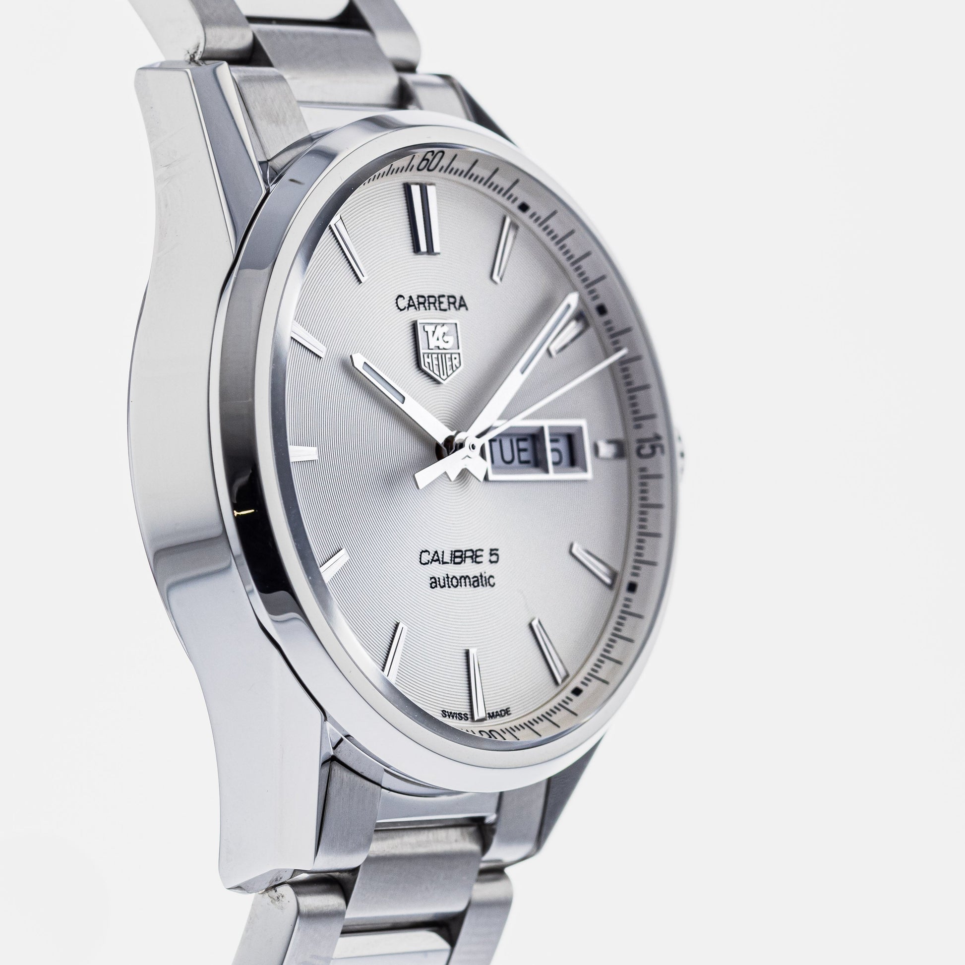 Tag Heuer Carrera Calibre 5 Automatic White Dial Silver Steel Strap Watch for Men - WAR201B.BA0723