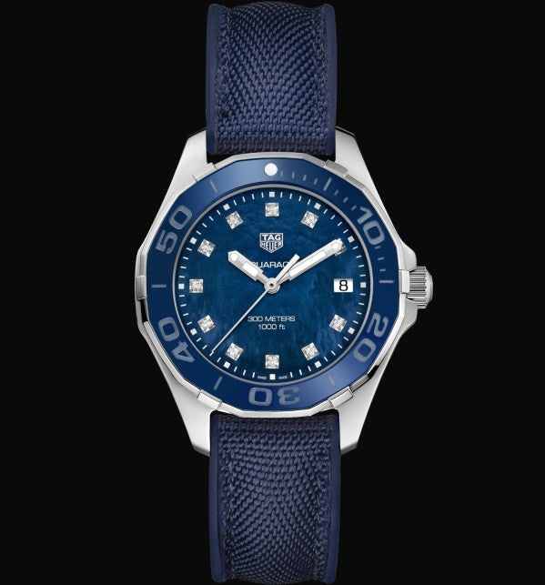 Tag Heuer Aquaracer Quartz Mother of Pearl Blue Dial Blue NATO Strap Watch for Women - WAY131L.FT6091