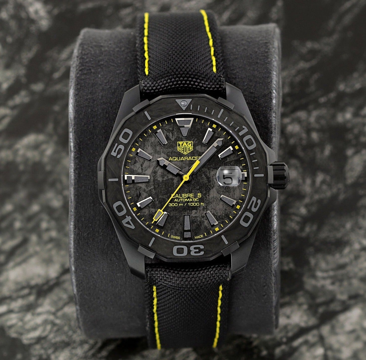 Tag Heuer Aquaracer Calibre 5 Black NATO Strap Carbon Dial Watch for Men - WBD218B.FC6446