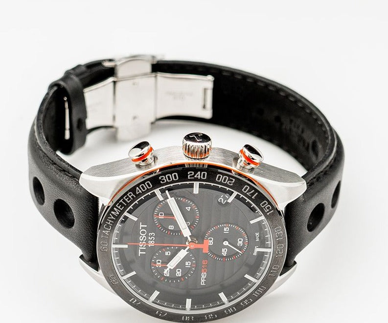 Tissot PRS 516 Chronograph Black Dial Black Leather Strap Watch For Men - T100.417.16.051.00
