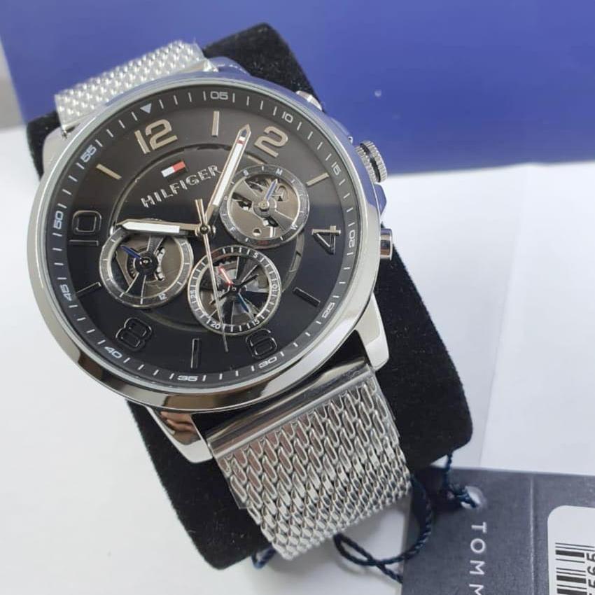 Tommy Hilfiger Chronograph Black Dial Silver Mesh Bracelet Watch for Men - 1791292