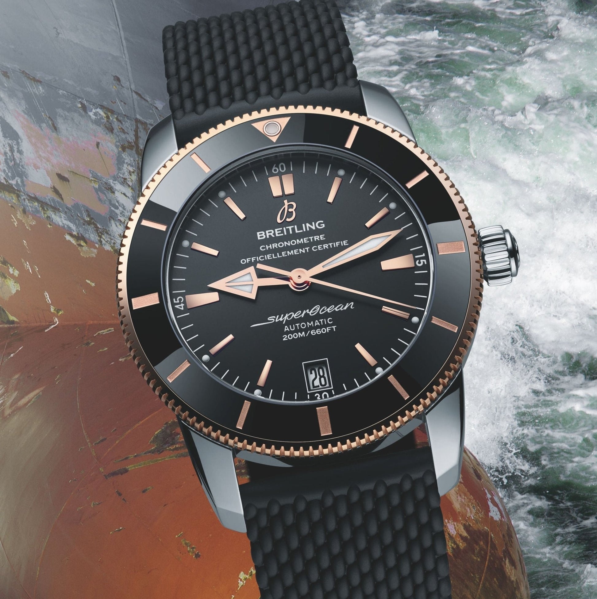 Breitling Superocean Heritage II B20 42mm Black Dial Black Mesh Bracelet Mens Watch - UB2010121B1S1