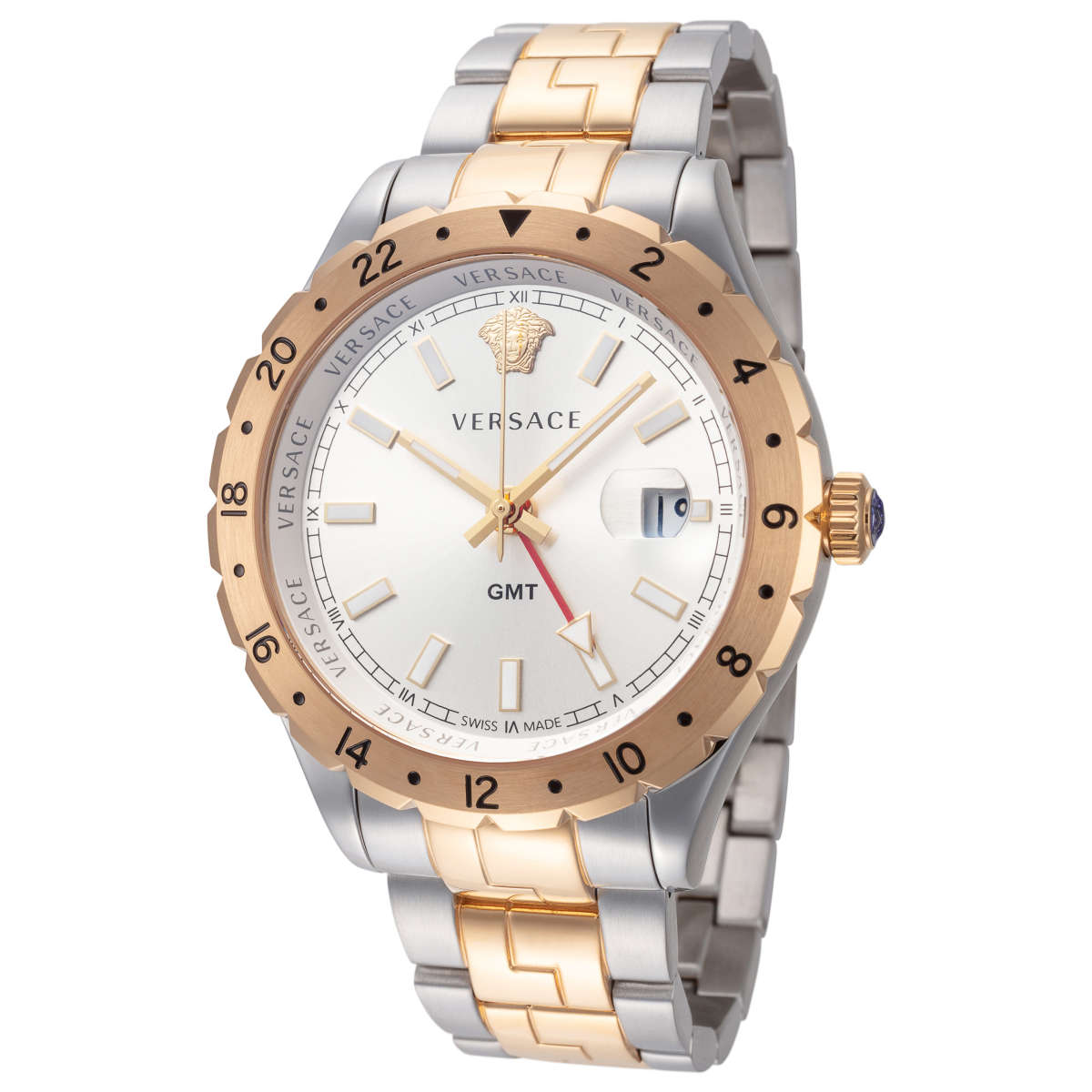 Versace Hellenyium GMT Silver Dial Two Tone Steel Strap Watch for Men - V11030015