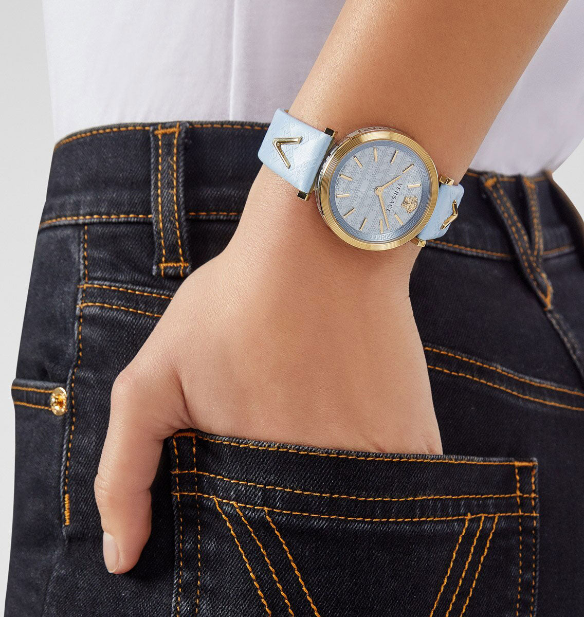 Versace V-Twist Blue Dial Blue Leather Strap Watch for Women - VELS00319