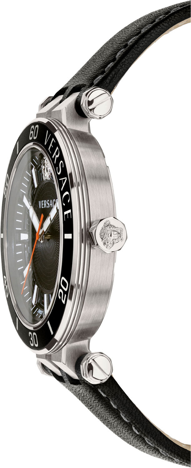 Versace Greca Sport Quartz Black Dial Black Leather Strap Watch For Men - VEZ300221