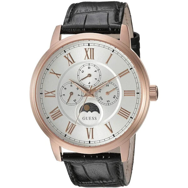 Guess Delancy Quartz Silver Dial Black Leather Strap Watch For Men - W0870G2