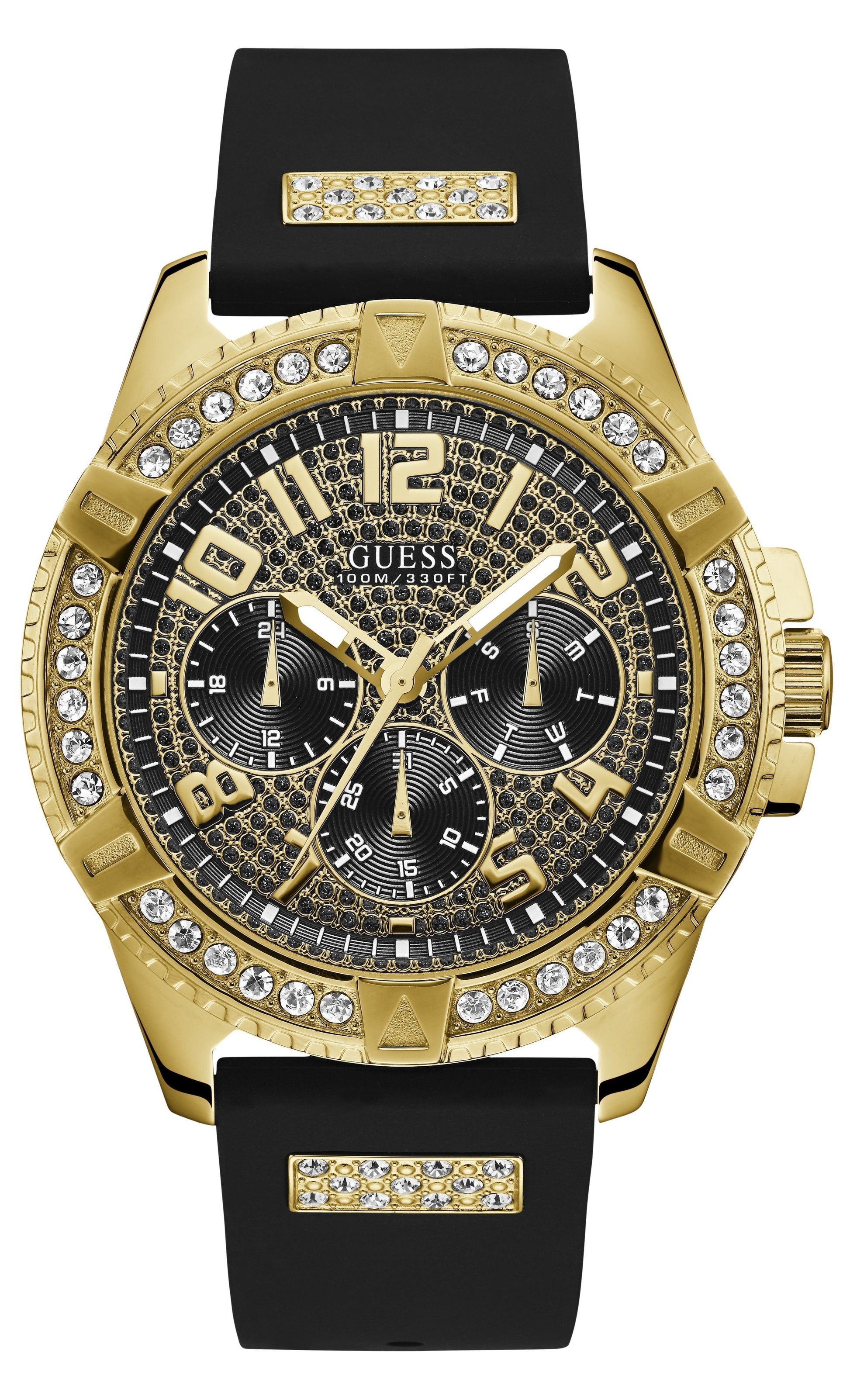 Guess Frontier Crystals Black Dial Black Silicone Strap Watch For Men - W1132G1