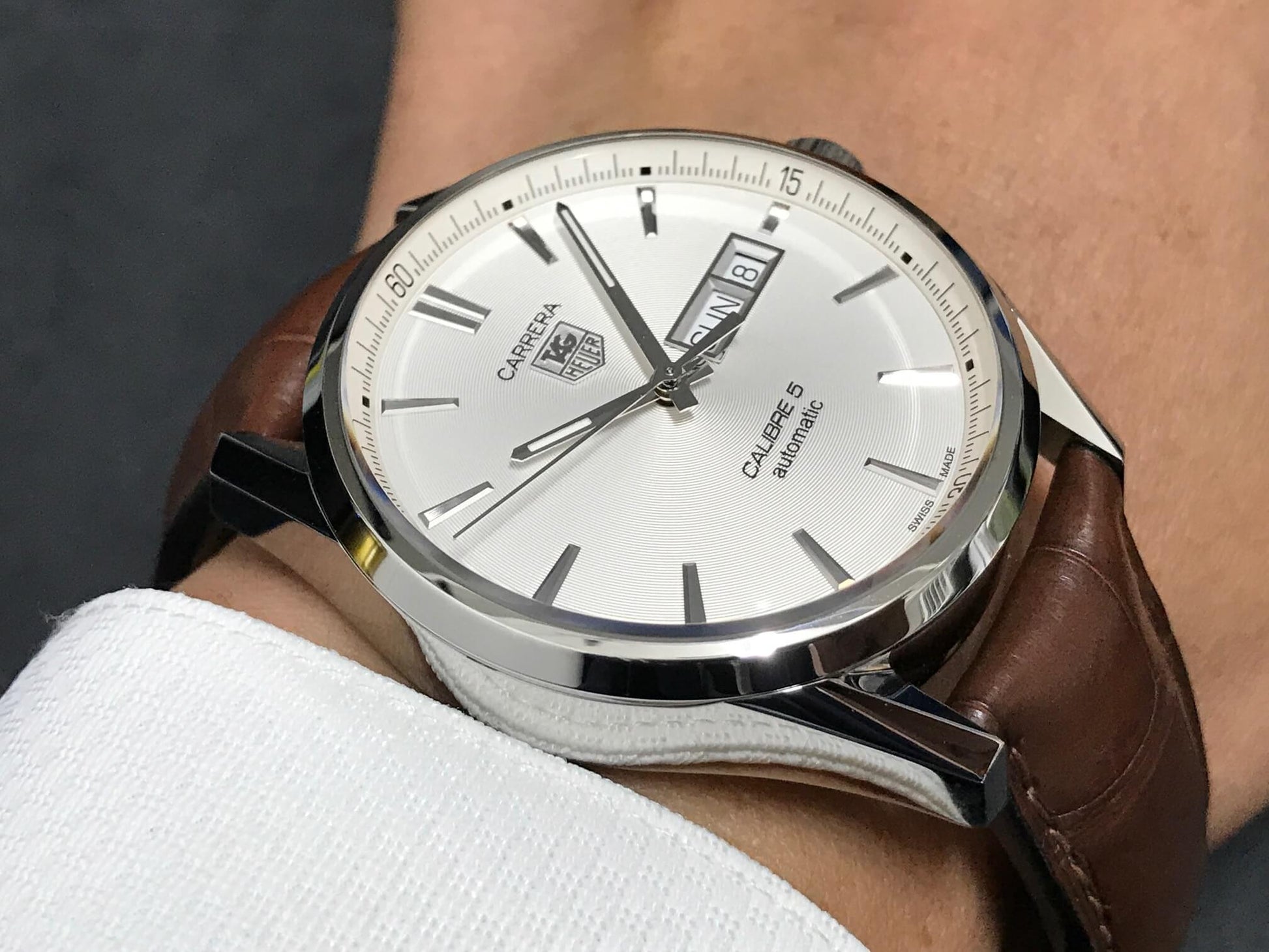 Tag Heuer Carrera Calibre 5 Automatic White Dial Brown Leather Strap Watch for Men - WAR201B.FC6291