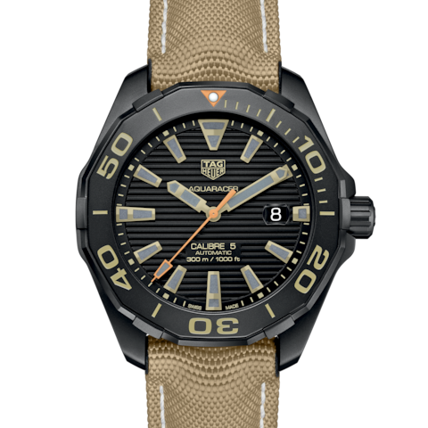 Tag Heuer Aquaracer 300 Calibre 5 Automatic Black Dial Brown Nylon Strap Watch for Men - WAY208C.FC6383